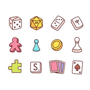 Board game icons in hand drawn cartoon style. Dice and play pieces, markers and cards. Vector clip art illustration.