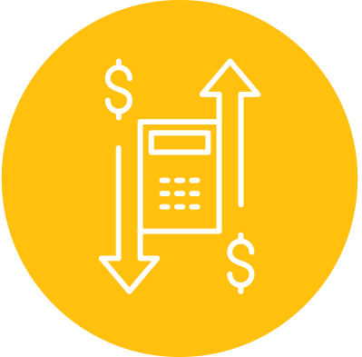 Planned giving icon - calculator with arrows and money signs