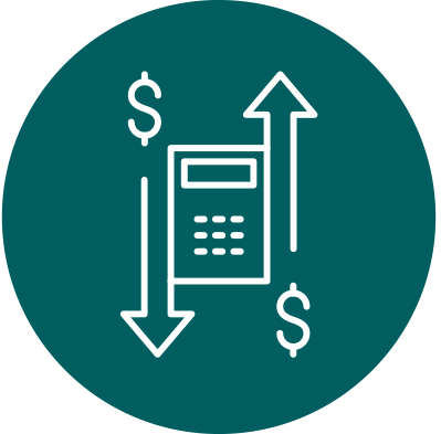 Planned giving icon - calculator with arrows and money signs